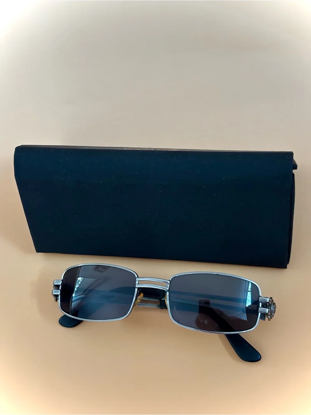 Vintage Versace Men's Rectangular Sunglasses - grey blue Lenses, Silver Frame